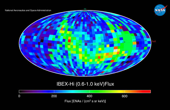 First IBEX map of the heliosphere showing the distribution of energetic neutral atoms across the entire sky in the range of 0.6 to 1 kiloelectron volts; an unexpected swath of higher numbers of energetic neutral atoms, called the "ribbon", was detected.